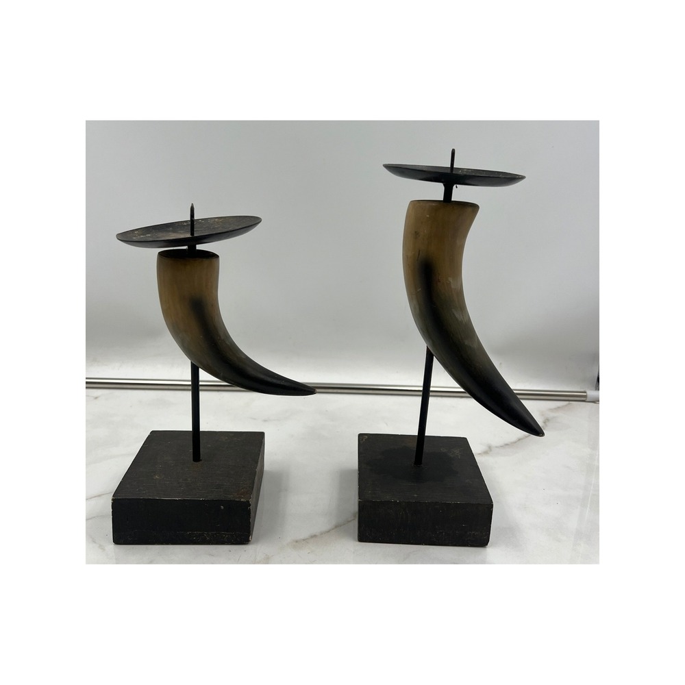 Elements Faux Horn Pillar Candle Holders Set of 2 Rustic Lodge Decor Black Tan